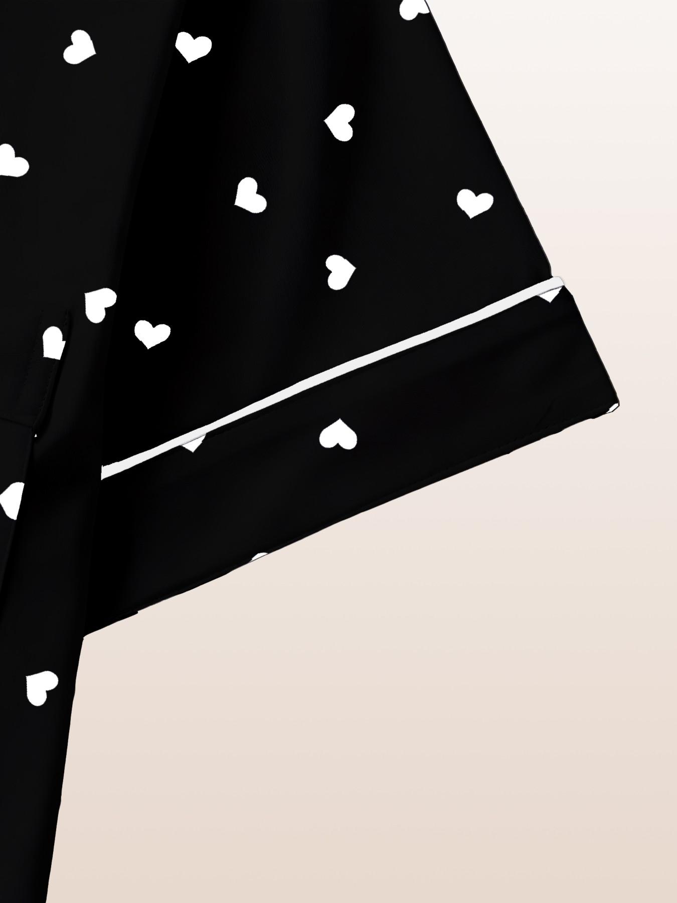 Women's Sleepwear Set, Short Sleeve Cardigan Top + Shorts + Pants, Heart Peach Print, Casual Fitted All Seasons