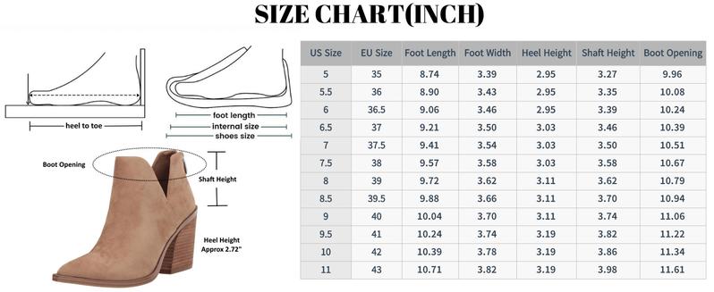 Coutgo Womens Pointed Toe Stacked Mid Heel Ankle Boots V Cut Back Zipper Faux Leather Booties