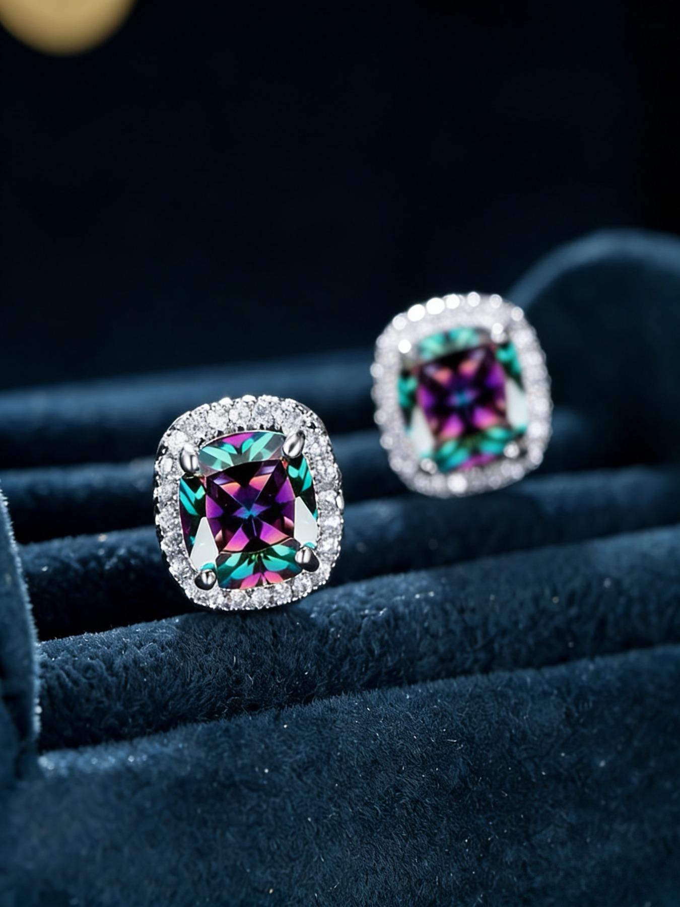 1 Pair Golden Plated Princess Cut Rainbow Stone Stud Earrings Wedding Band Multicolor Earrings Princess Jewelry