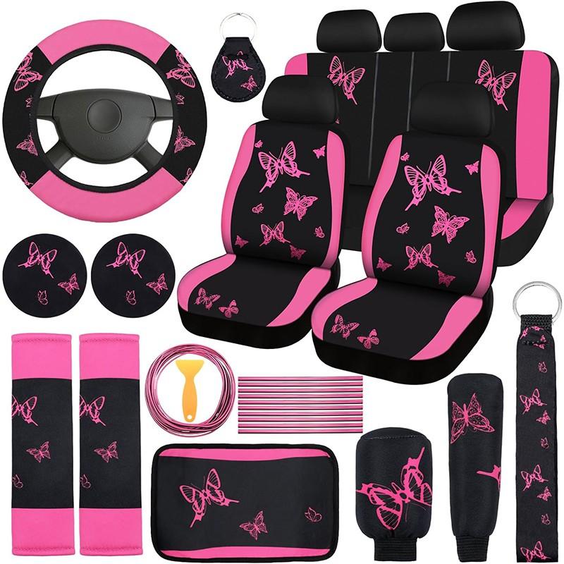 4 Butterfly-Themed Car Seat Cover & Interior Accessory Combo: Lightweight and Breathable Seat Covers for 5-Seater Vehicles, Butterfly-Print Steering Wheel Cover, and Additional Decorative Accents; Compatible with Most Sedan and SUV Models