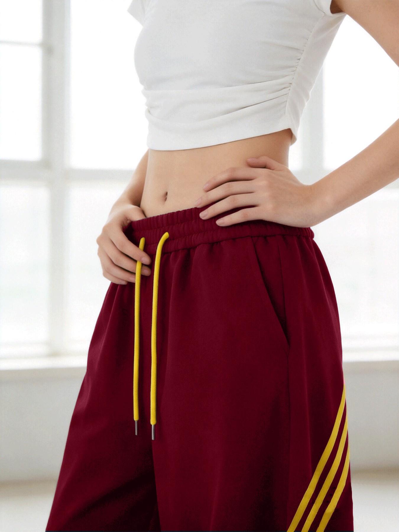 Summer Retro Three Stripes Colorblock Wide Leg Pants, Women's Outdoor Sportswear, Fashion Waist Tie, Casual Long Pants, Gift for Her