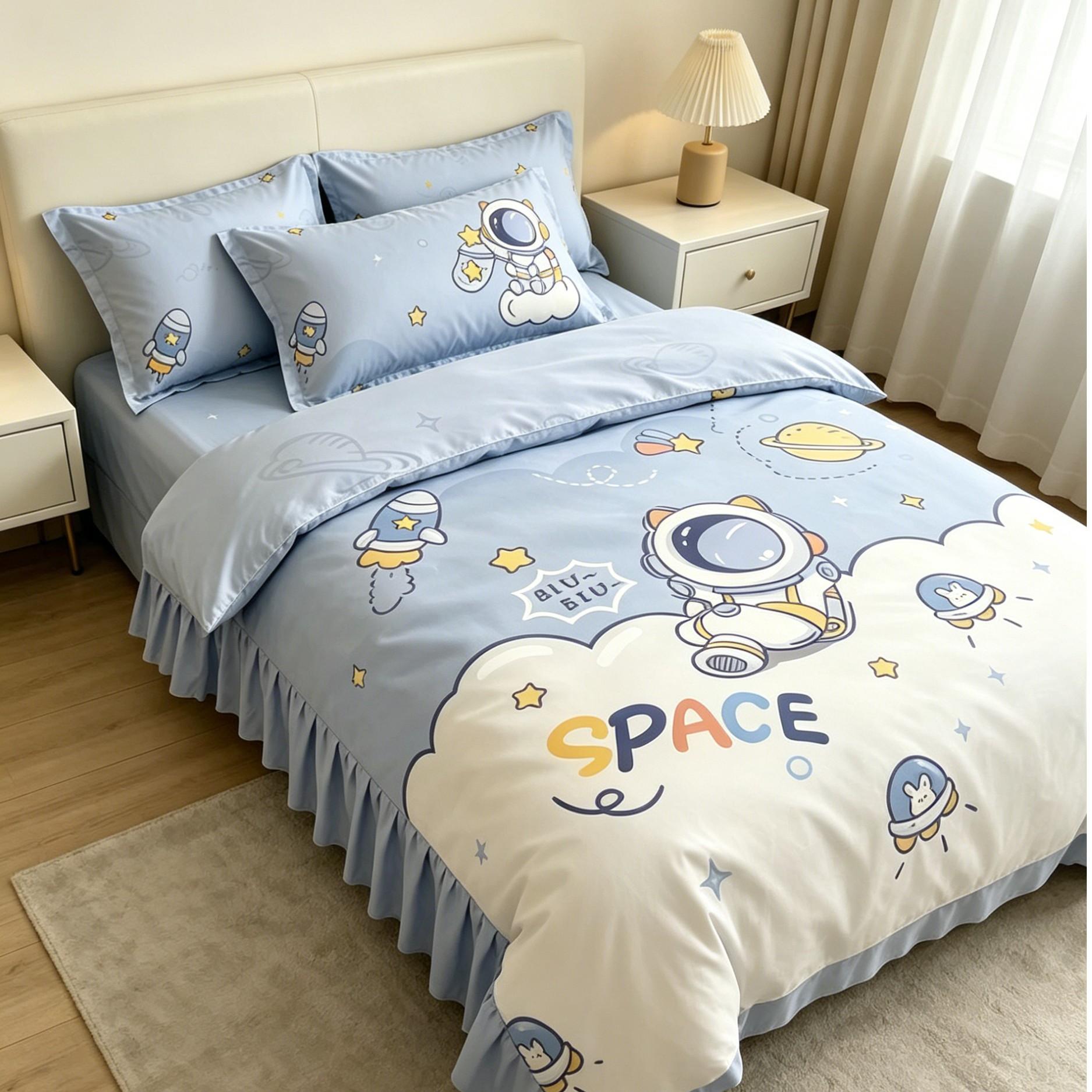 Cute Astronaut Bed Sheet 150x230cm, Soft and Comfortable Design, Perfect for Kids' Bedrooms, Durable Material, Easy Care Maintenance