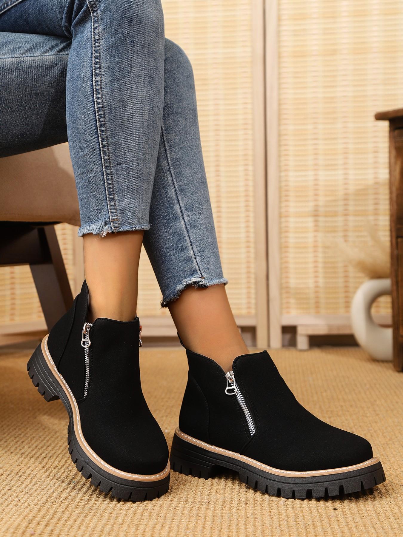 Women's Vintage Textured Thick Sole Chelsea Boots, Side Zipper Easy On/off, Height-Boosting Round Toe Short Boots, Anti-Slip Comfortable Outerwear