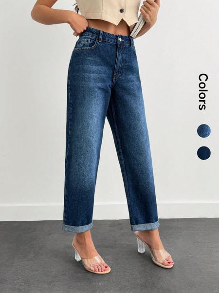 OBLue Jeans Retro High Waist Straight Leg Jeans for Women, Loose Fit with Rolled Hem for Slim Look and Style, High Waisted Denim