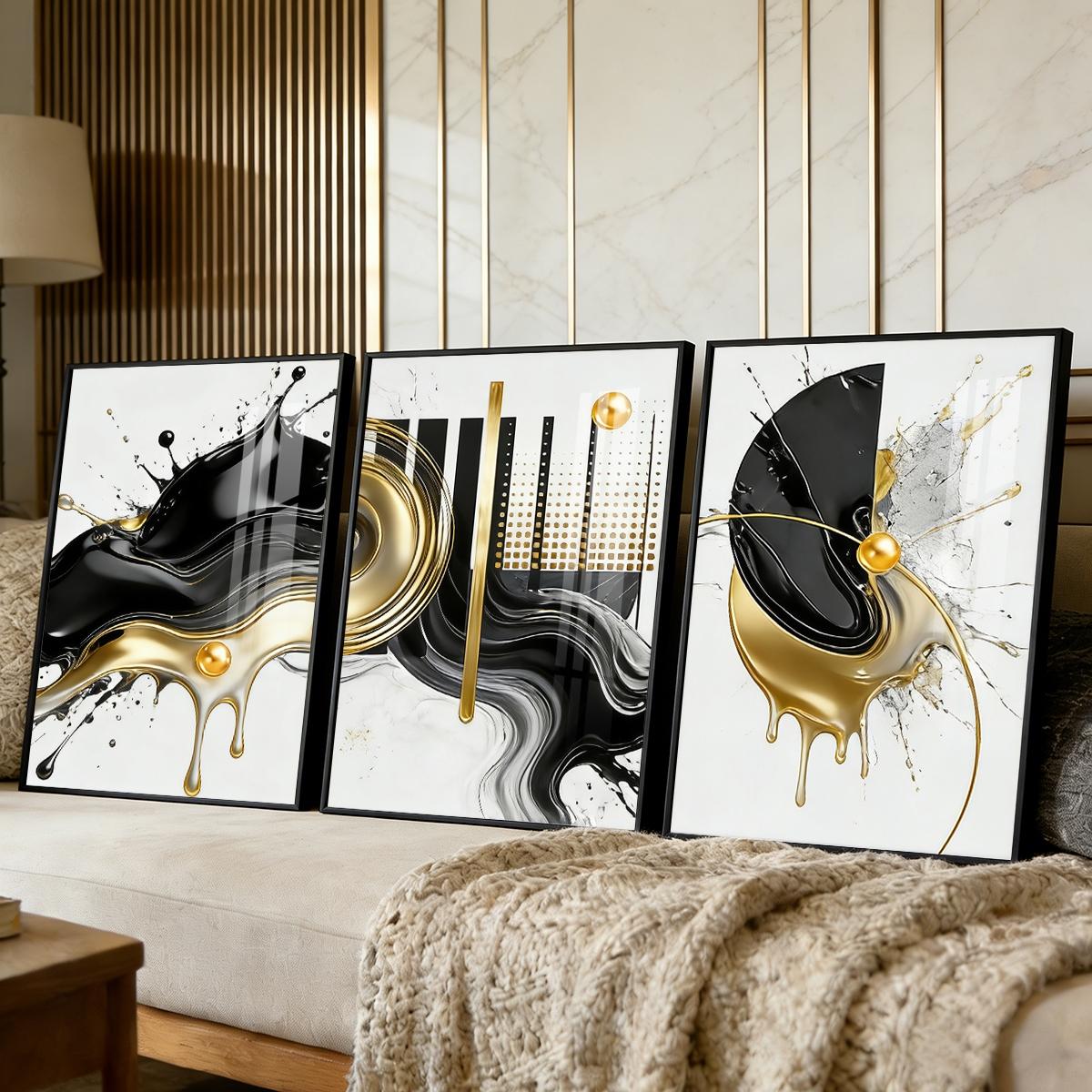 3 Counts Aluminum Alloy Framed Painting, Abstract Black And Gold Fluid Art Pictures, Home Decoration For Living Room, Bedroom, Office, Restaurant, Hallway Wall Decor, Odorless Print Artwork, Luxury Perfect Gift For Friends And Family