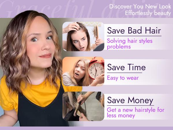 Brown Highlight Short Wavy Wig for Women 4*1 Lace Hairline Synthetic Wig - Natural Appearance for Everyday Hairstyle Adjustable Elastic Band