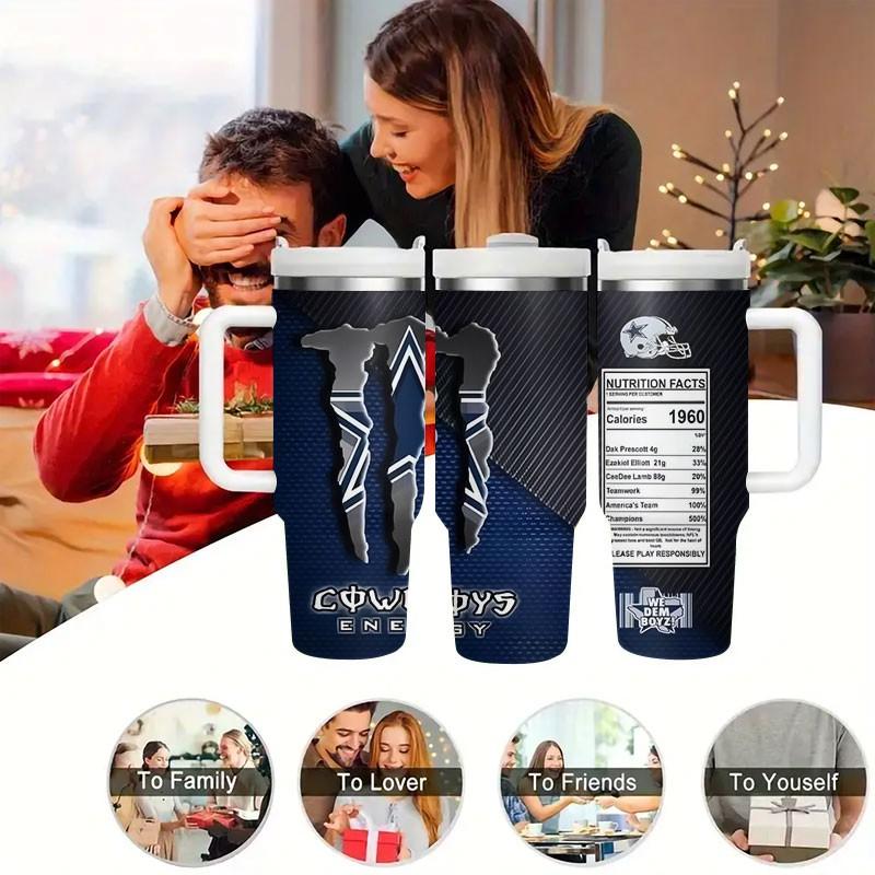 1pc Dallas Cowboys Energy Drink Pattern 40oz Tumbler, Non-Slip Handle Insulated Cup, Large Capacity Functional Beverage Straw Cup, Car/ Sports Use