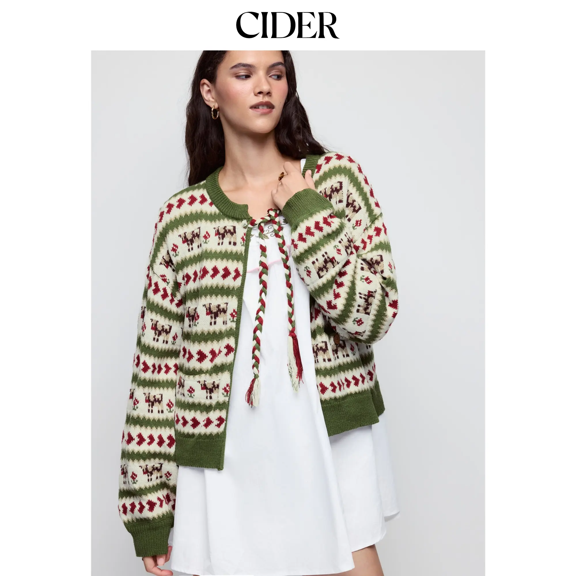 Cider Knit Cotton-blend Cow Graphic Lace-up Lantern Sleeve Oversized Cardigan