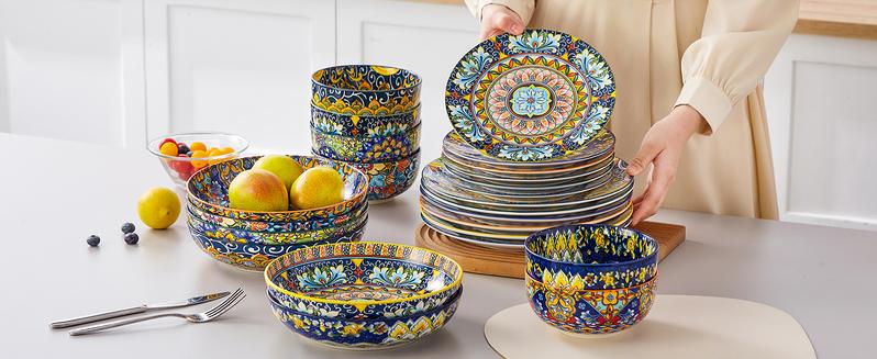 vancasso 24/18/12 Pieces Dinnerware Sets, Plates and Bowls Set, Porcelain Dishes Set for 4/6, Microwave and Dishwasher Safe, Scratch Resistant, Bohemian Style Dining Ware, Series SIMI Tableware