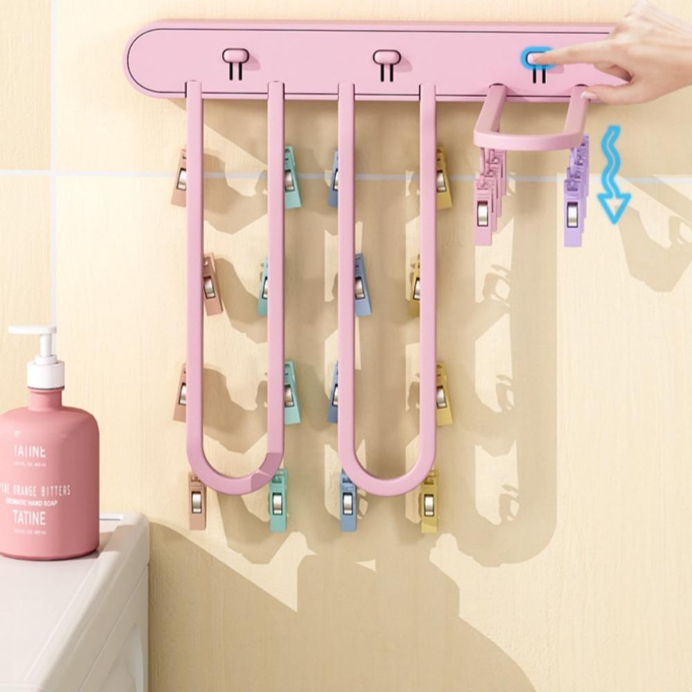 Folding Clothes Drying Rack - Wall-mounted Clothes Hanger with Clips, Space-saving Vertical Drying System, Suitable for Indoor / Balcony / Shower Room Use.