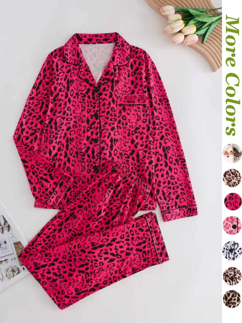 Women's Leopard Print Button Front Pocket Lapel Shirt & Elastic Waist Pants Pyjama Two-piece Set, Casual Comfy Pocket Long Sleeve Top & Trousers Pj Set, Women's Sleepwear for Spring & Fall, Loungewear Set Women, Leopard Print Pajamas