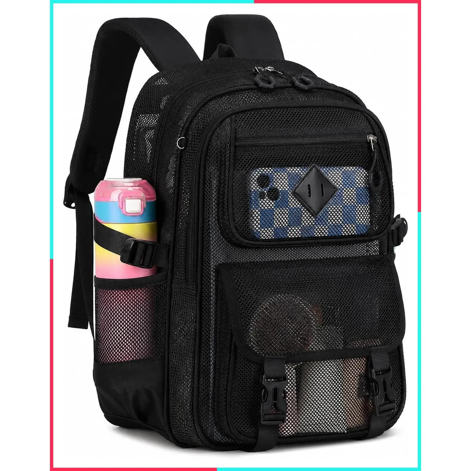 17 Inch Heavy Duty See Through Mesh Backpack - Ultra-Lightweight Breathable Transparent Net Bookbag for School Sports Gym, Black