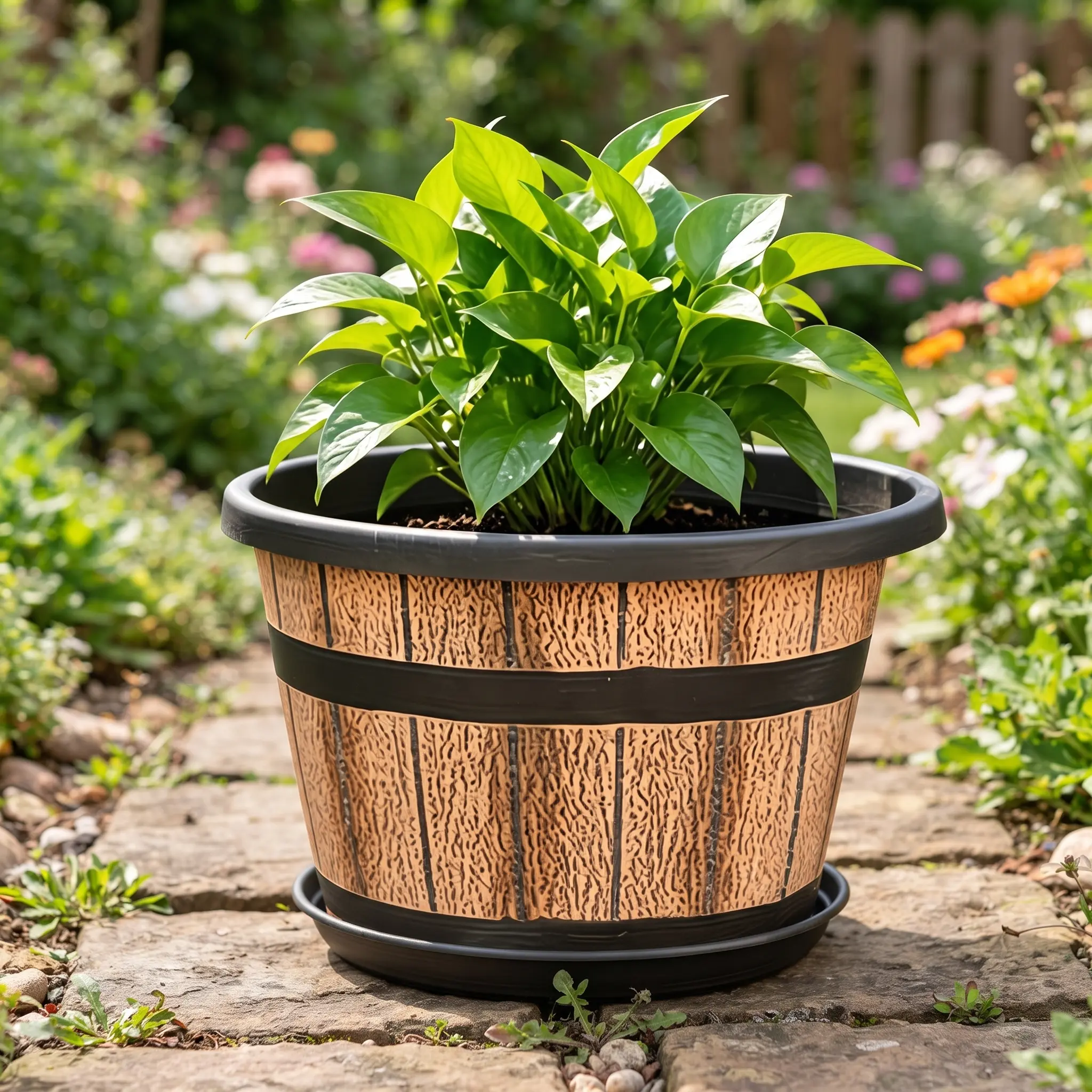 Vintage Whiskey Barrel Planter – Rustic Plastic Flower Pot for Indoor & Outdoor Plants – Retro Garden Decor & Housewarming Gift