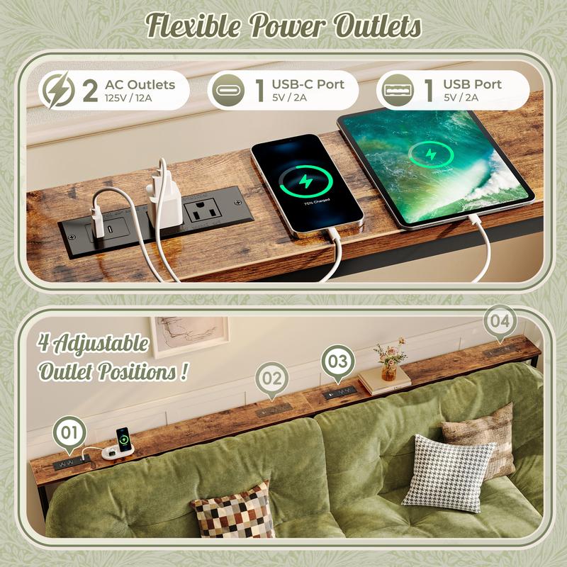 SUPERJARE Long Couch Table with Outlet, Sofa Table with Charging Station, Narrow Hallway Entryway Table, Behind Couch Table, for Living Room