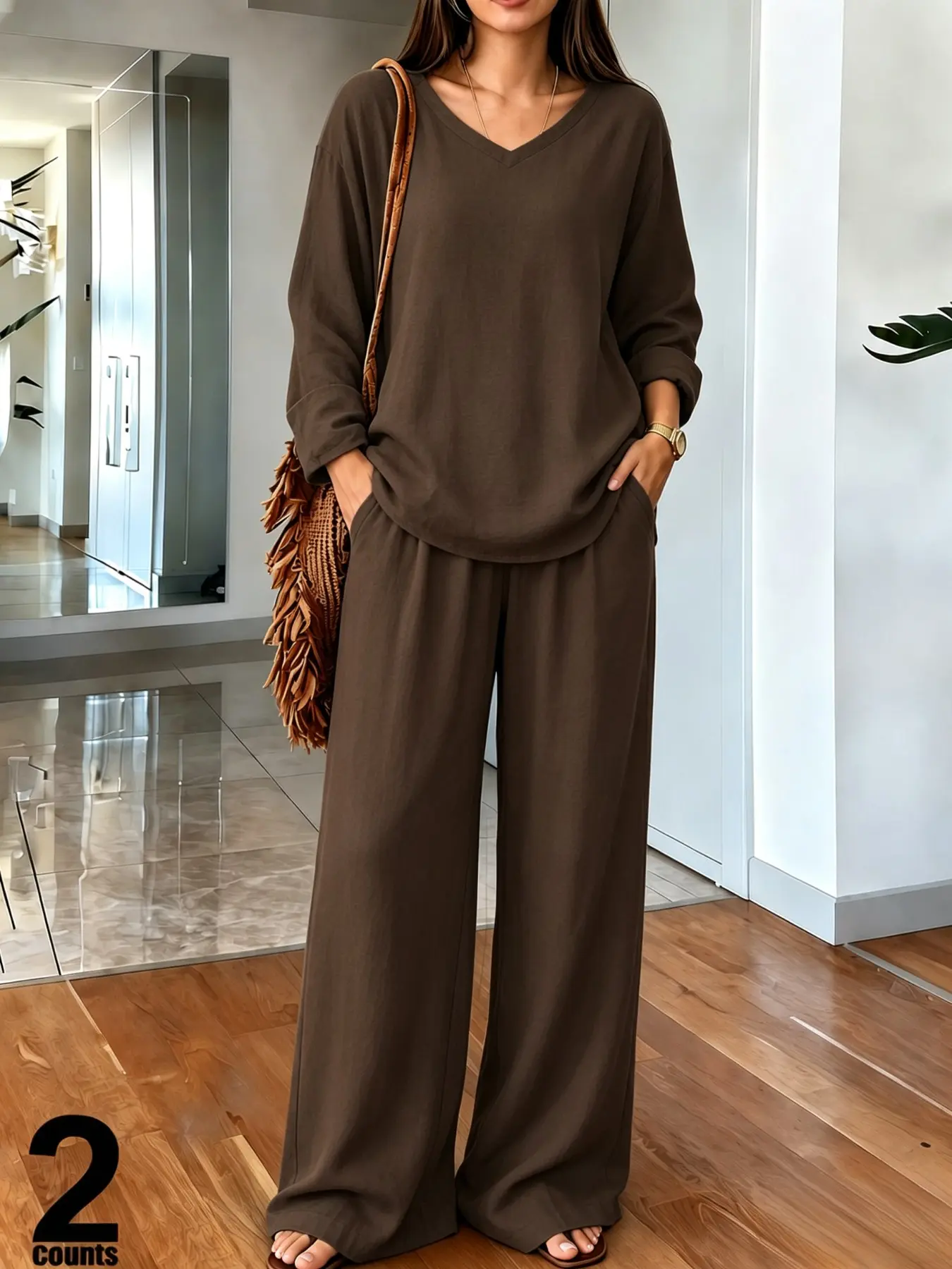 Women's Spring Fall Casual Set, Linen-Style Plain V Neck Long Sleeve, Daily Commute Vacation Home Office, Trendy Fashion Streetwear, Breathable