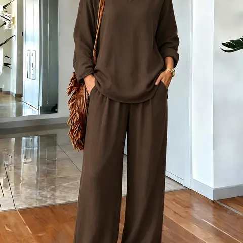 Women's Spring Fall Casual Set, Linen-Style Plain V Neck Long Sleeve, Daily Commute Vacation Home Office, Trendy Fashion Streetwear, Breathable, Casual Pants Set