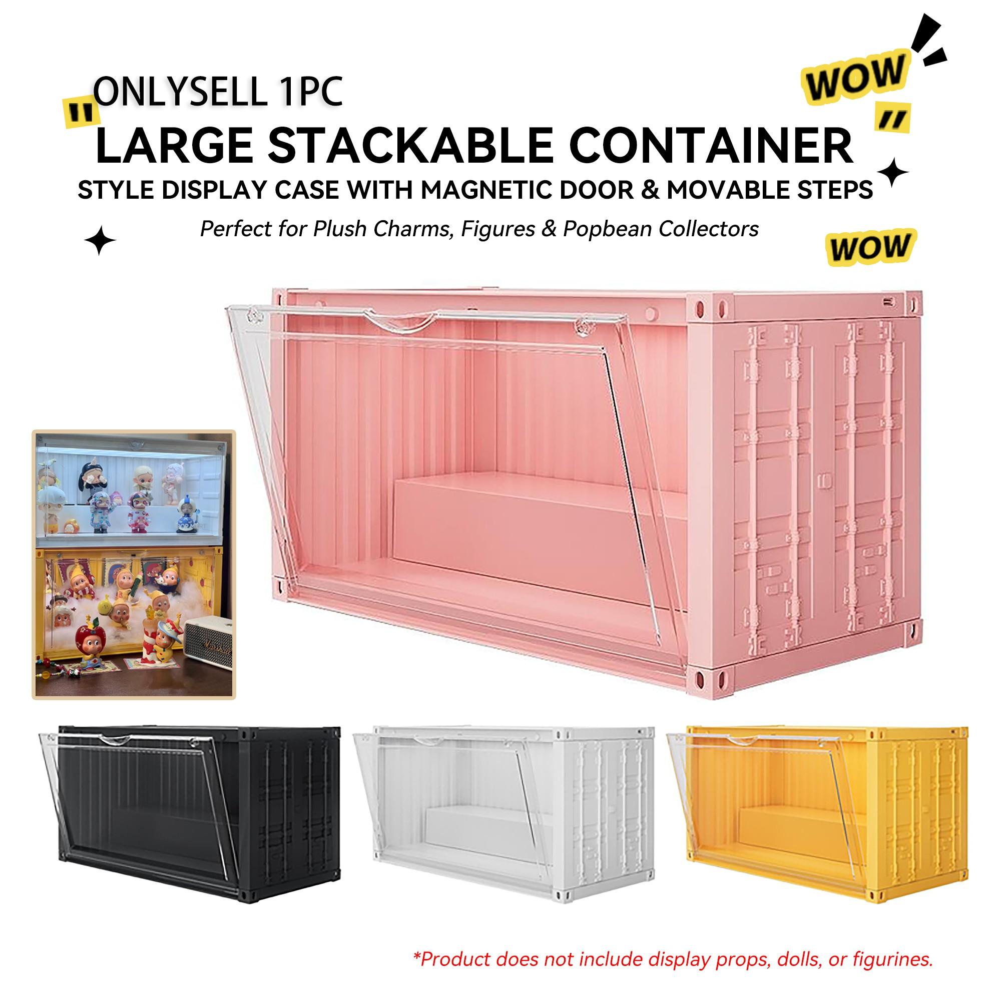 Large Stackable Container-Style Display Case with Magnetic Door & Movable Steps — Perfect for Plush Charms, Figures & Popbean Collectors