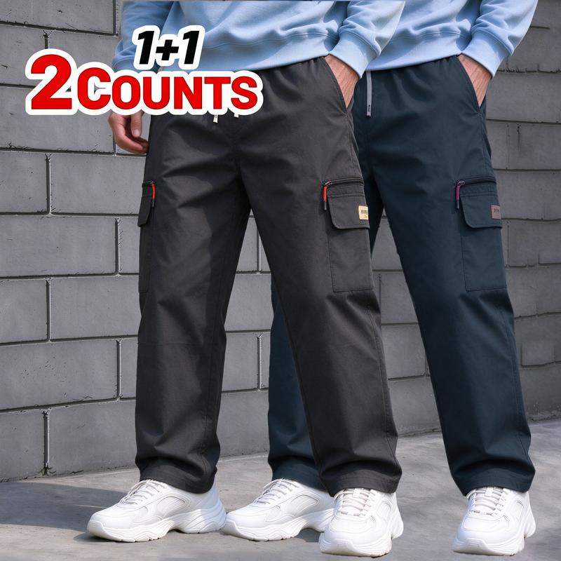 Men's Cargo Pants 2-Pack, Menswear Casual Rugged Texture Trousers with Multi-Zipper Pockets, for Daily Outdoor Street Style