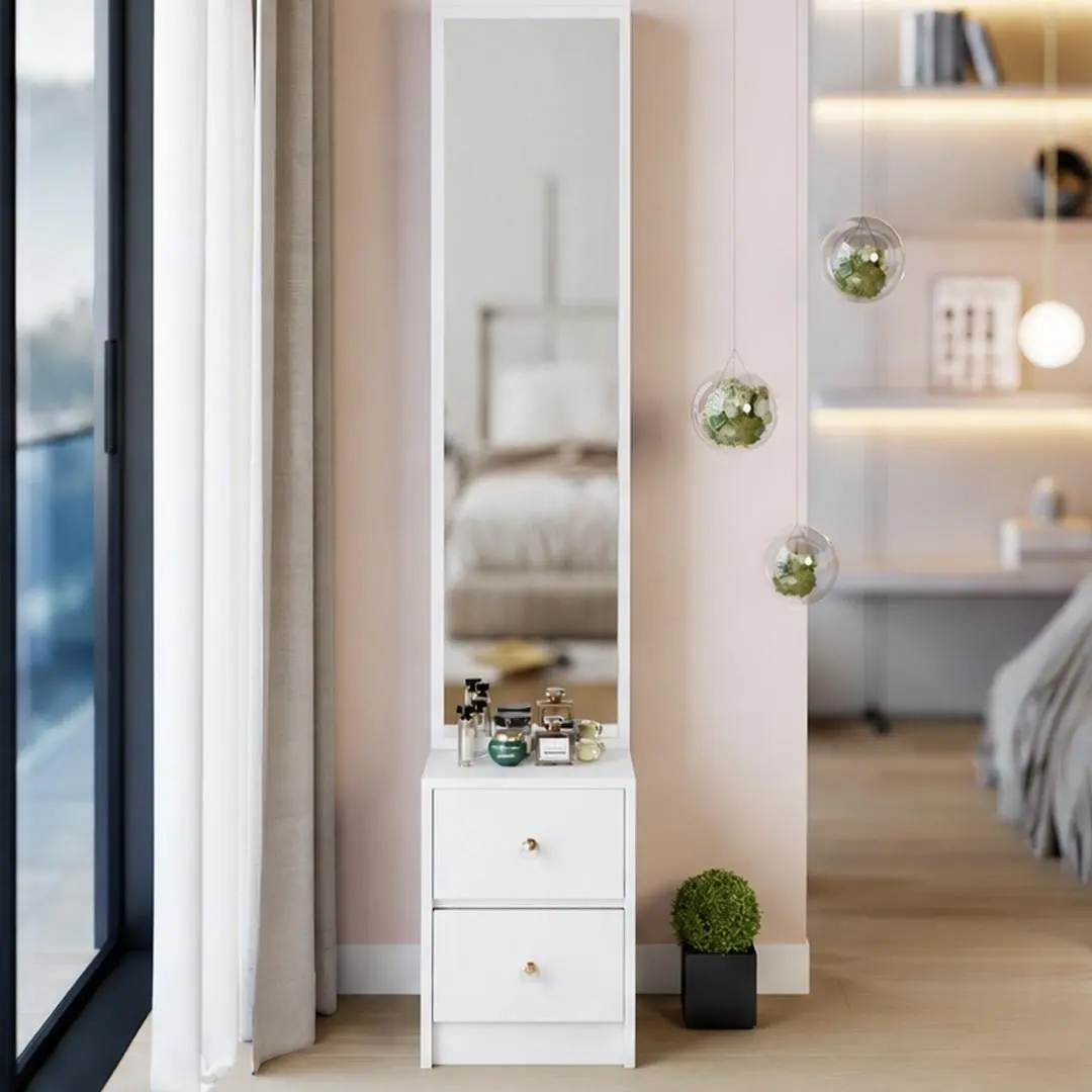 White MDF Full Body Dressing Mirror Cabinet with Jewelry Drawer and Hidden Makeup Storage, 15.7 in W x 11.8 in D x 63 in H
