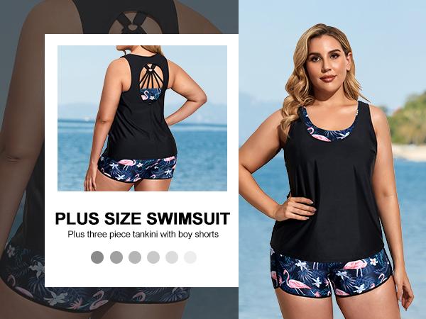 Holipick Women Plus Size Three Piece Tankini Swimsuits Tummy Control Bathing Suits with Boy Shorts Tank Top with Sports Bra