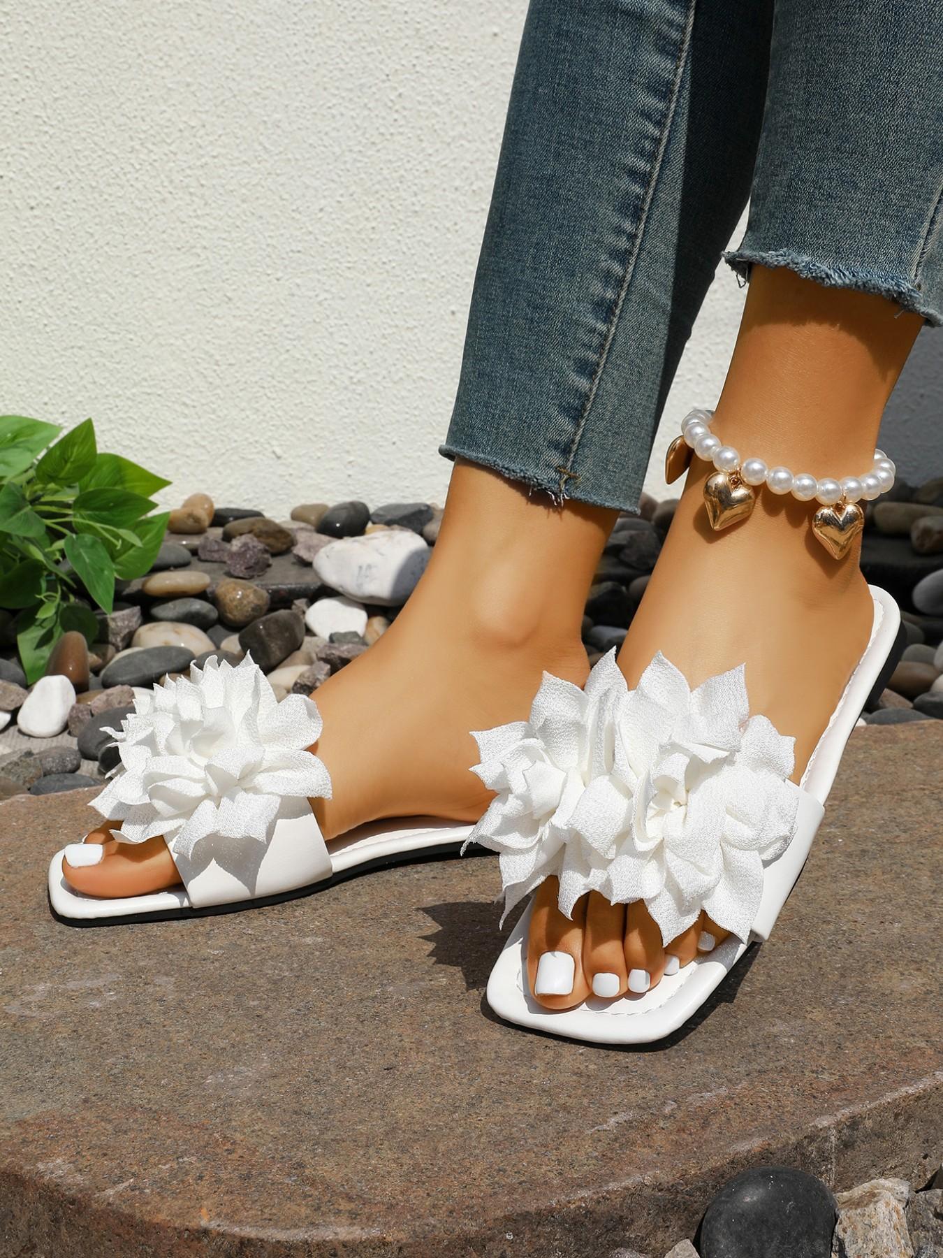 French Fairy Style 3D Flower Sandals, Square Toe Soft Sole, Comfortable for Daily Commute, Dating, Wedding, Perfect for All Occasions