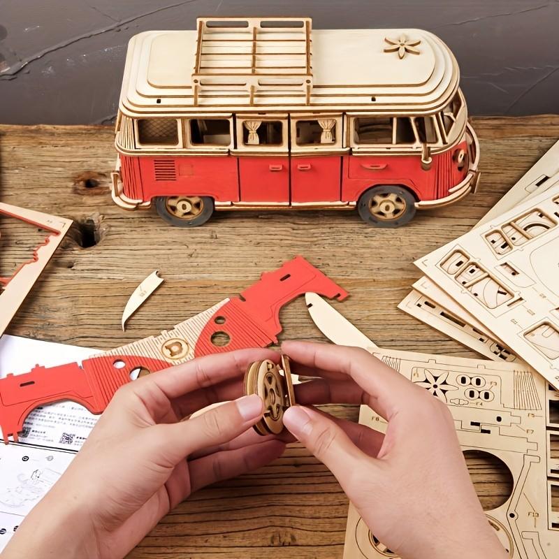 Camping Car Wooden Puzzle, Wood Model Car, 3D Assembly, Educational Toy, Decorative Realistic Car Series, Beginner Skill Level