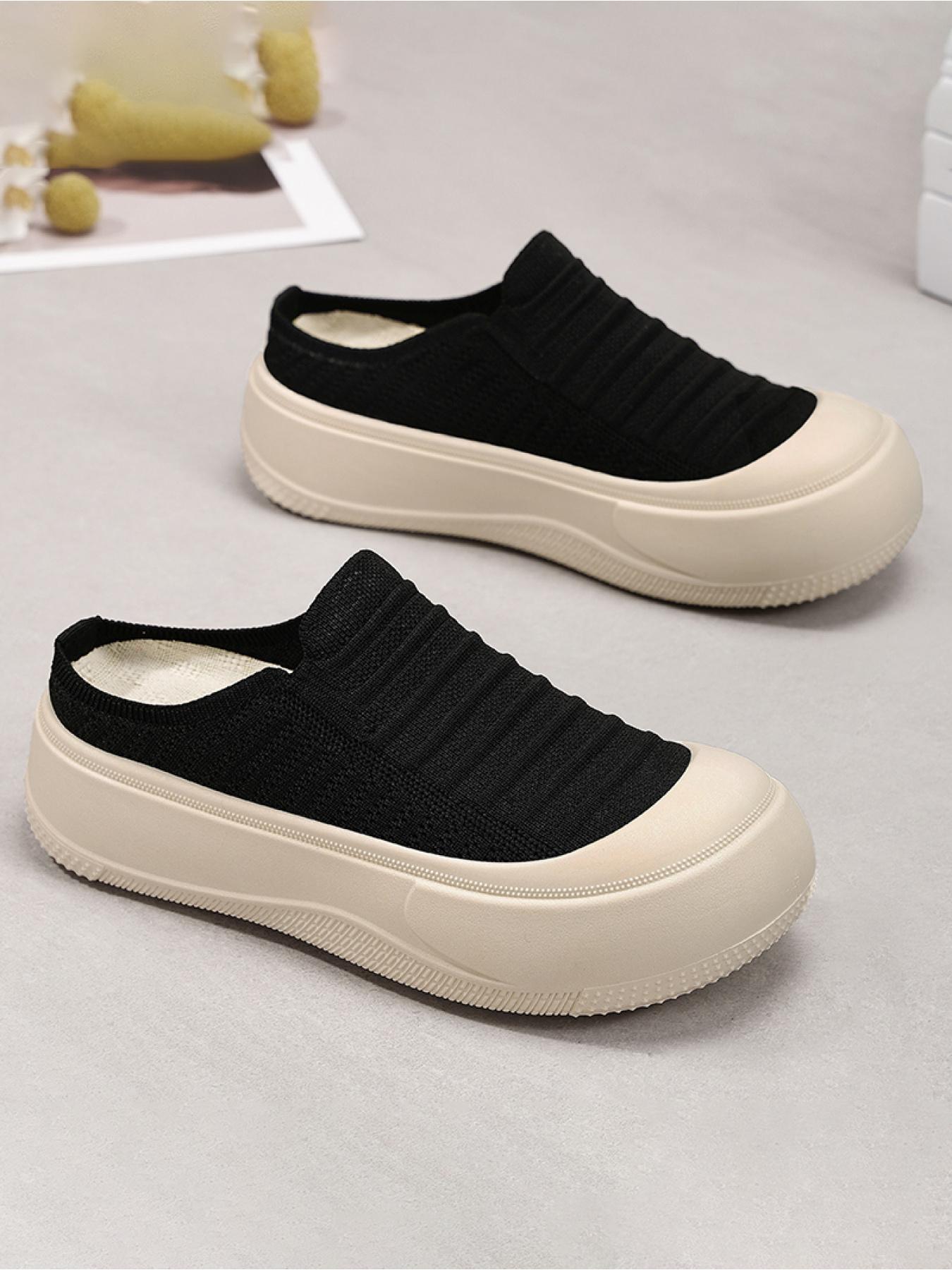 YYW1 Women's Slip-On Casual Trainers, Breathable Flyknit Textile Shoes, Thick Sole, Lightweight PVC Plain Shoes for Daily Commute, Indoor-Outdoor Wear