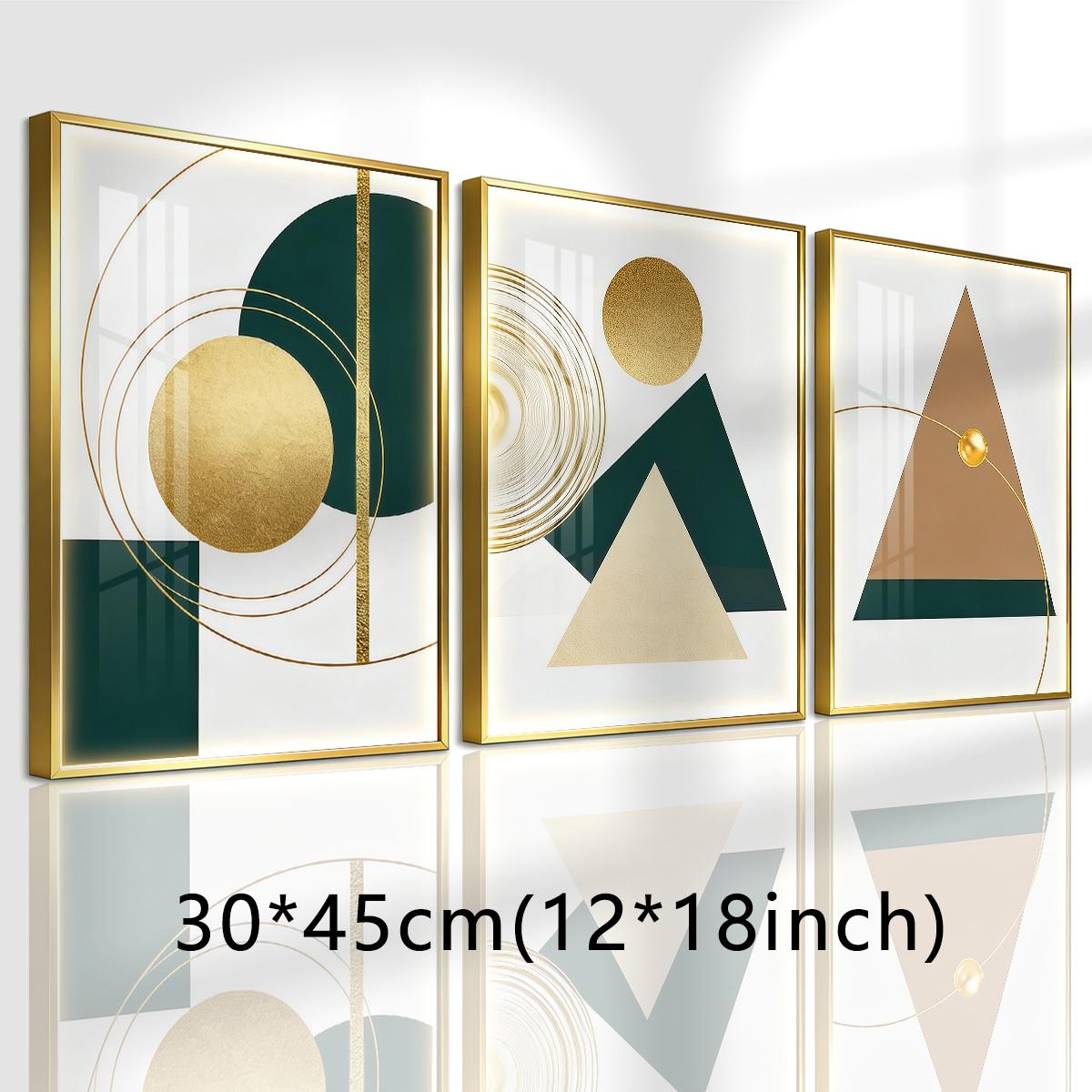 3 Counts Aluminum Alloy Framed Painting, Geometric Gold And Green Abstract Shapes Pictures, Home Decoration For Living Room, Bedroom, Office, Restaurant, Hallway Wall Decor, Odorless Print Artwork, Luxury Perfect Gift For Friends And Family