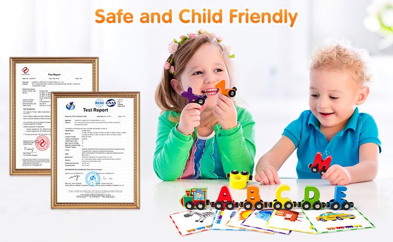 Vanmor 27 PCS Magnetic Wooden Alphabet Train Sets | ABC Letter Learning Toy Trains with 42 PCS Flash Cards, 1 Engine, 1 Storage Bag | Toddlers Kids Boys Girls Educational Toys，tamagotchi cart Play