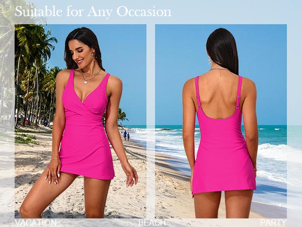 Hilor Women's Underwire One Piece Swimsuits Twist Front V-Neck Swimdress Flowy Tummy Control Skirted Bathing Suit Swim Dress