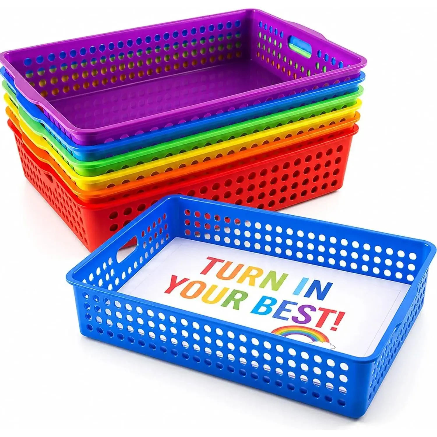 Classroom Paper Tray Set of 6, Plastic Turn in Trays for Classroom, Stackable Letter Size Organizer Bins with Handles, Teacher Storage Baskets for School Supplies, Art, Office Organization