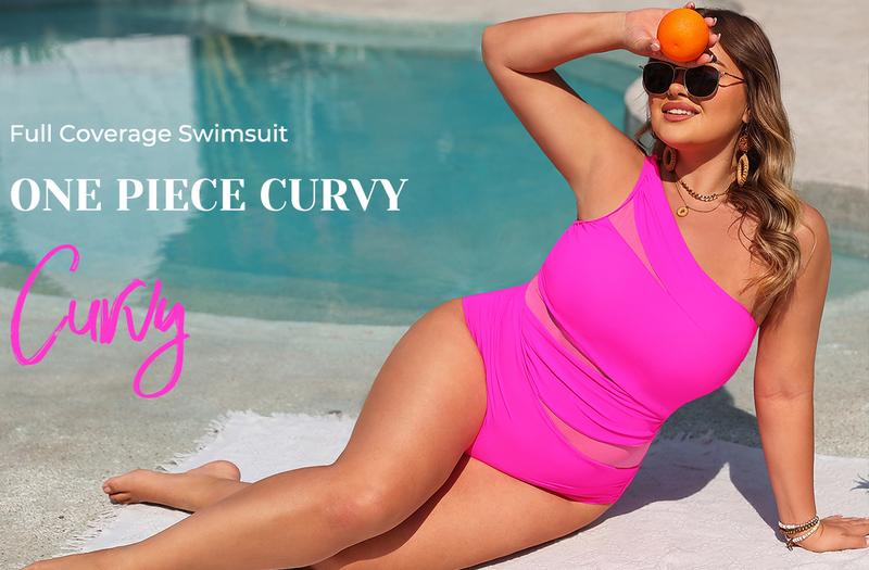 Aqua Eve Plus Size One Piece Swimsuit for Women Tummy Control Bathing Suits One Shoulder Swimwear