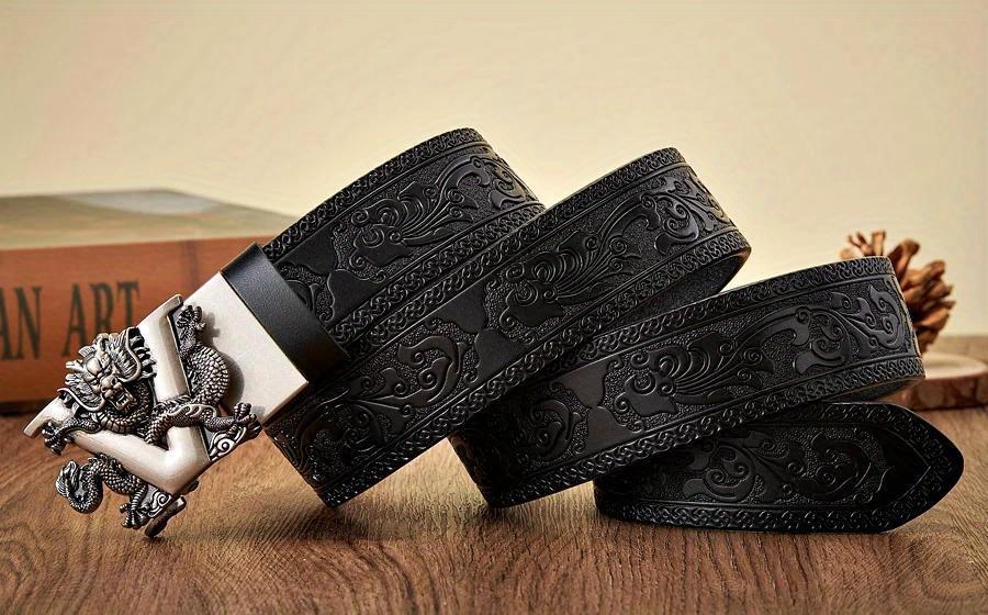 Men's Ratchet Leather Belt Engraved Vintage Dragon Leather Ratchet Belt for Men Eagle Button Belt Adjustable Brown