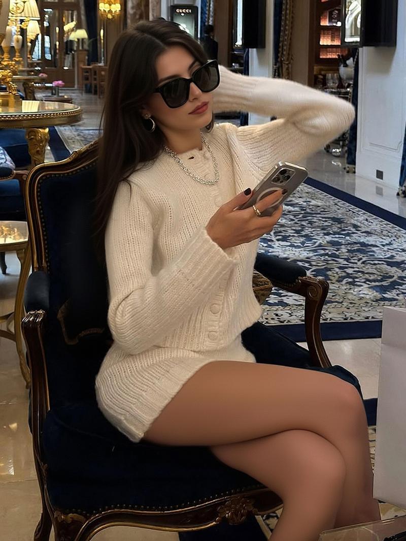 Women's Elegant Retro French Style Short Cardigan Sweater Set, Casual Long Sleeve Knit and Skirt for Autumn Winter Fashion, Womenswear