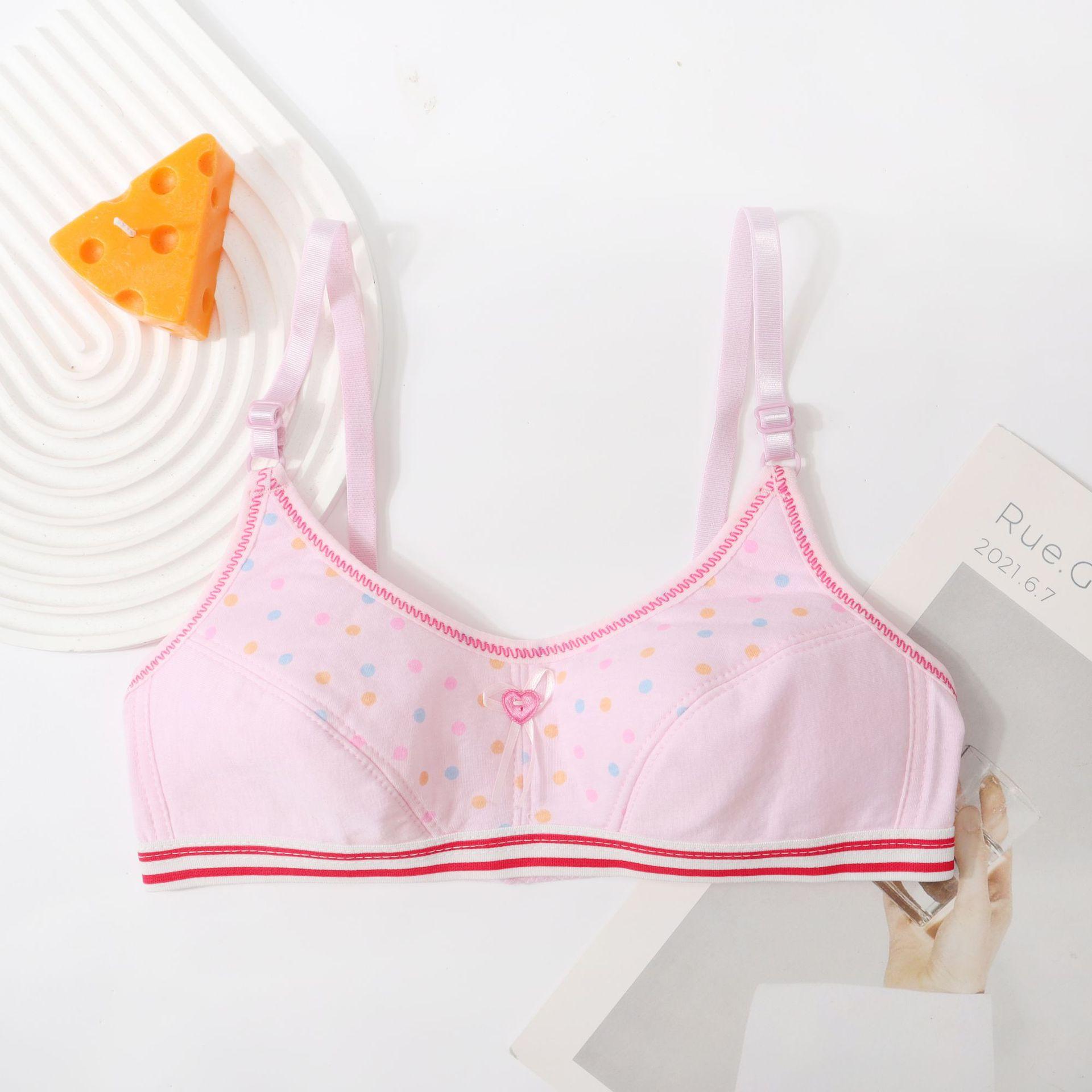 Youth Training Bras 4-Pack - Polyester Blend, Spaghetti Strap, Slight Stretch Fabric, Heart Pattern with Bow Detail, Non-Removable Padding, Regular Fit, Knit - for Ages 12 and Under