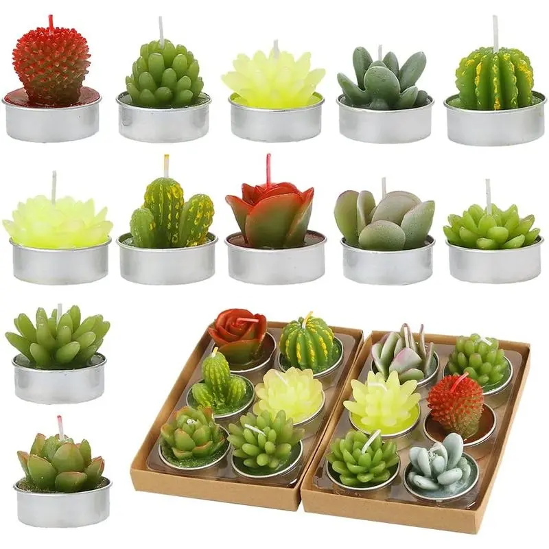 12pcs Cactus Tealight Candles Handmade Delicate Succulent Tea Lights Candle for Birthday Party Wedding Spa Home Decor Gifts (12pcs Cactus Candles)
