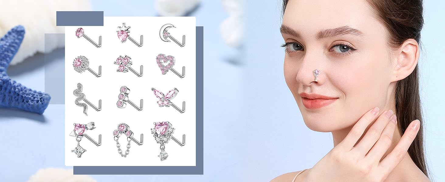 12pcs Nose Rings for Women, Dangle & Studs Set, Stainless Steel L-Shaped, Heart Snake Butterfly Cz, Elegant Nose Piercing Jewelry