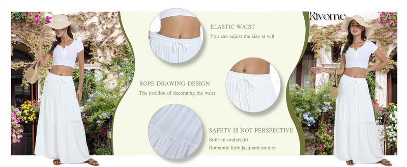 Long Skirts for Women Boho Maxi Skirt Summer Swing Tiered A-Line Elastic High Waist White  Skirt Fashion