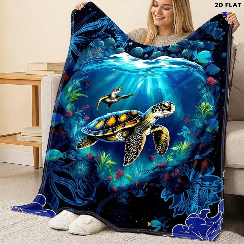 Vibrant Sea Turtle Underwater Scene Throw Blanket, Single - sided Printed, Multiple Specifications Available, Soft Cozy Fabric, Ideal for Napping/Office/Lounging, Artistic Whimsical Design, Perfect for Adults Seeking Relaxing Comfort