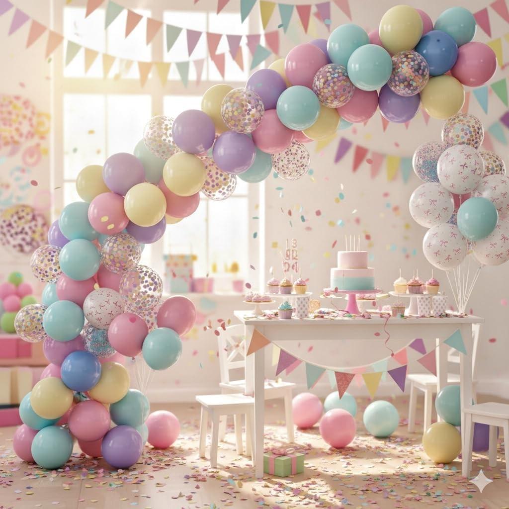 Pink bow balloons, rainbow balloon birthday decorations, 53 pieces of 12 inch pink bow printed balloons with 2 plain ribbons, children's confetti balloons, girls' princess bridal gift party decorations