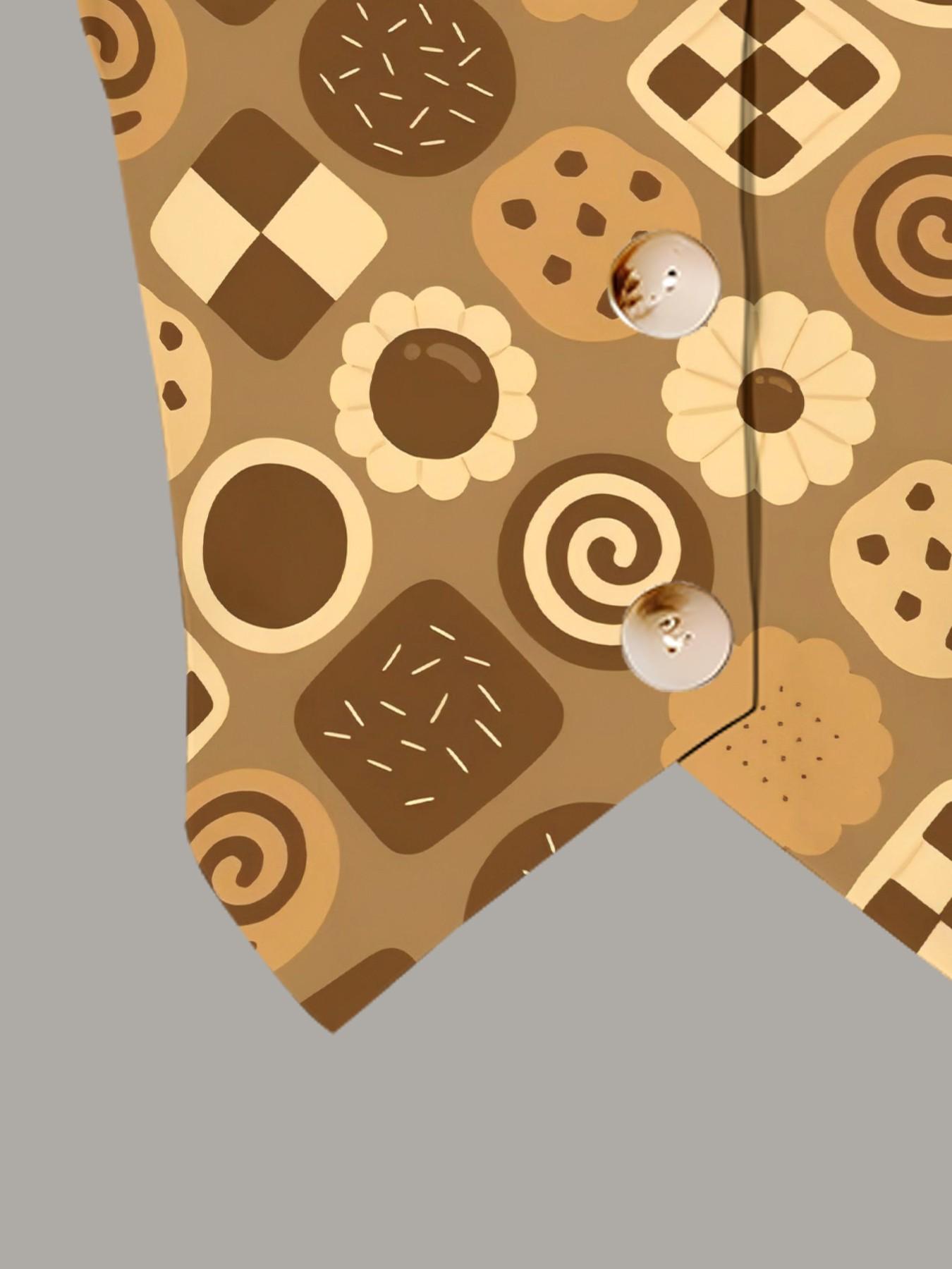 Caramel Cookie Print Vest Set, Soft Cute Style, Casual Streetwear, Fitted Without Collar, All over Print, Perfect for