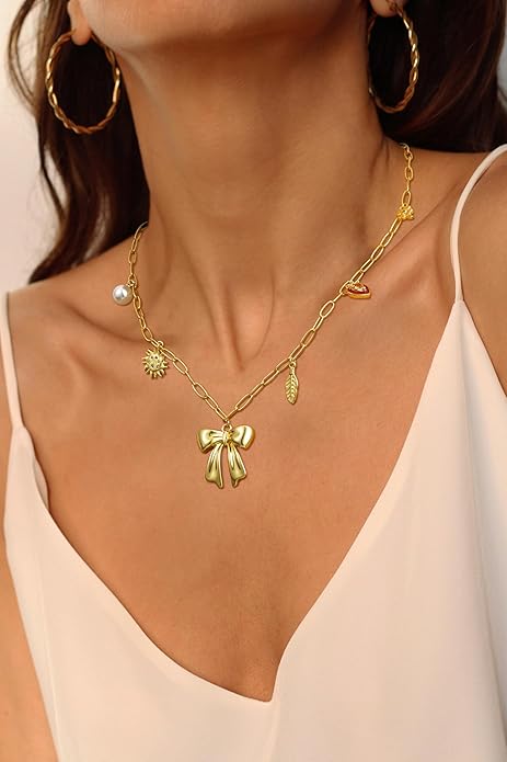 Tewiky 14K Gold Plated Charm Necklace for Women Trendy Dainty 14K Gold Plated Boho Charm Bow Pendant Paperclip Chain Necklace Zircon Sunflower Pearl Charms Necklace Fashion Jewelry Gift for Women For Valentine's Day gifts