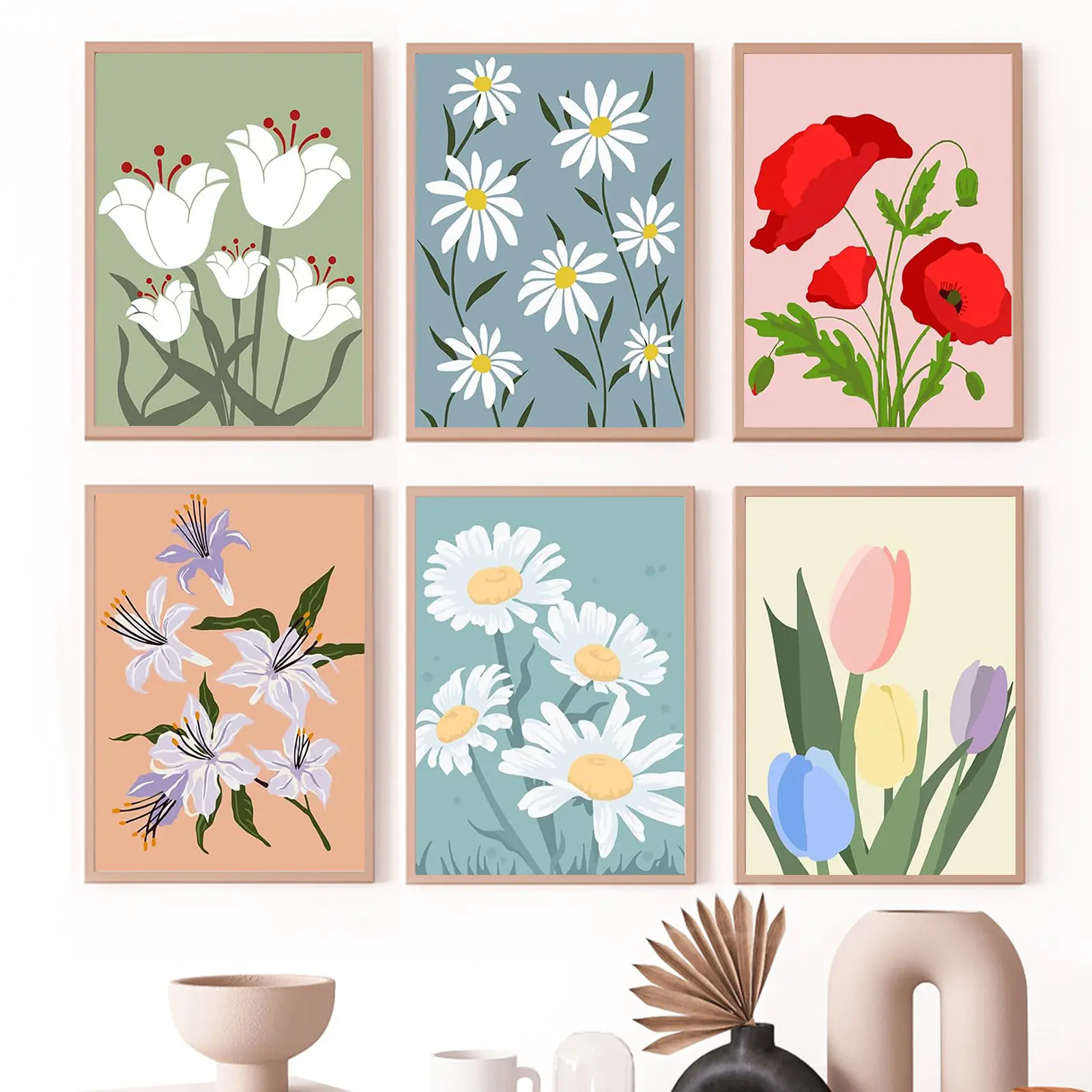 6pcs Paint By Numbers Kit for Adults Beginners - 8x12in / 20x30cm Color Canvas, Easy DIY Flowers Acrylic Painting Set - DIY Decorative Painting Wall Decor for Living Room and Bedroom, Creative Gift for Birthday, Mother's Day and Christmas, Without Frame