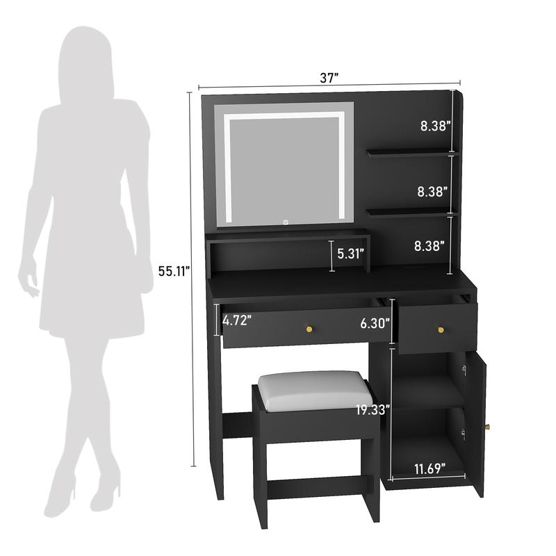 Vanity Desk Set with LED Light Mirror & Power Outlet, Makeup Table with 3 Shelves & 2 Drawers & 3 Level Adjustable Cabinet & Makeup Vanity Stool for Women, Girls(37")