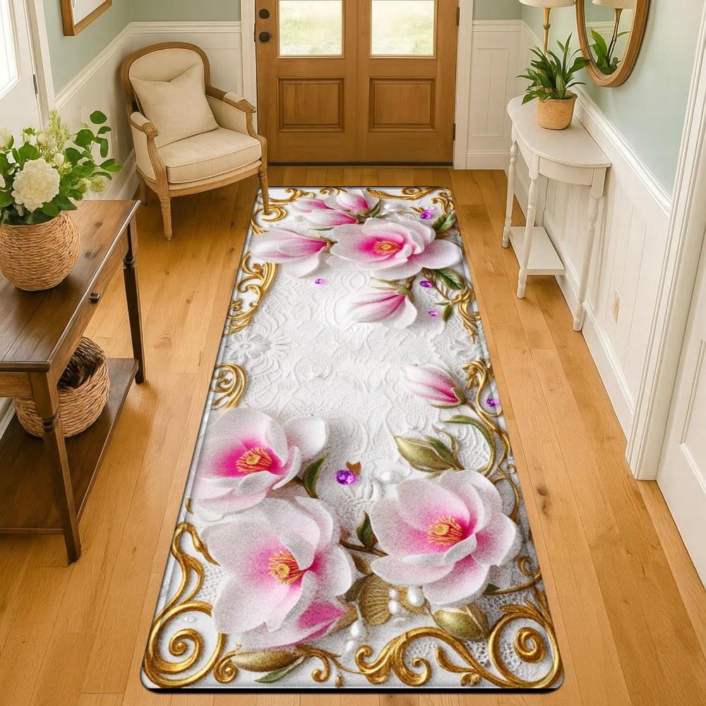 1PC， Pink and White Magnolia Flowers with Gold Ornaments Patterned strip rugs, home décor, bathroom mats, entryway mats, bathroom non-slip mats, indoor entrance rugs, bedroom bedside mats, kitchen mats, hallway rugs, flannel sponge rugs