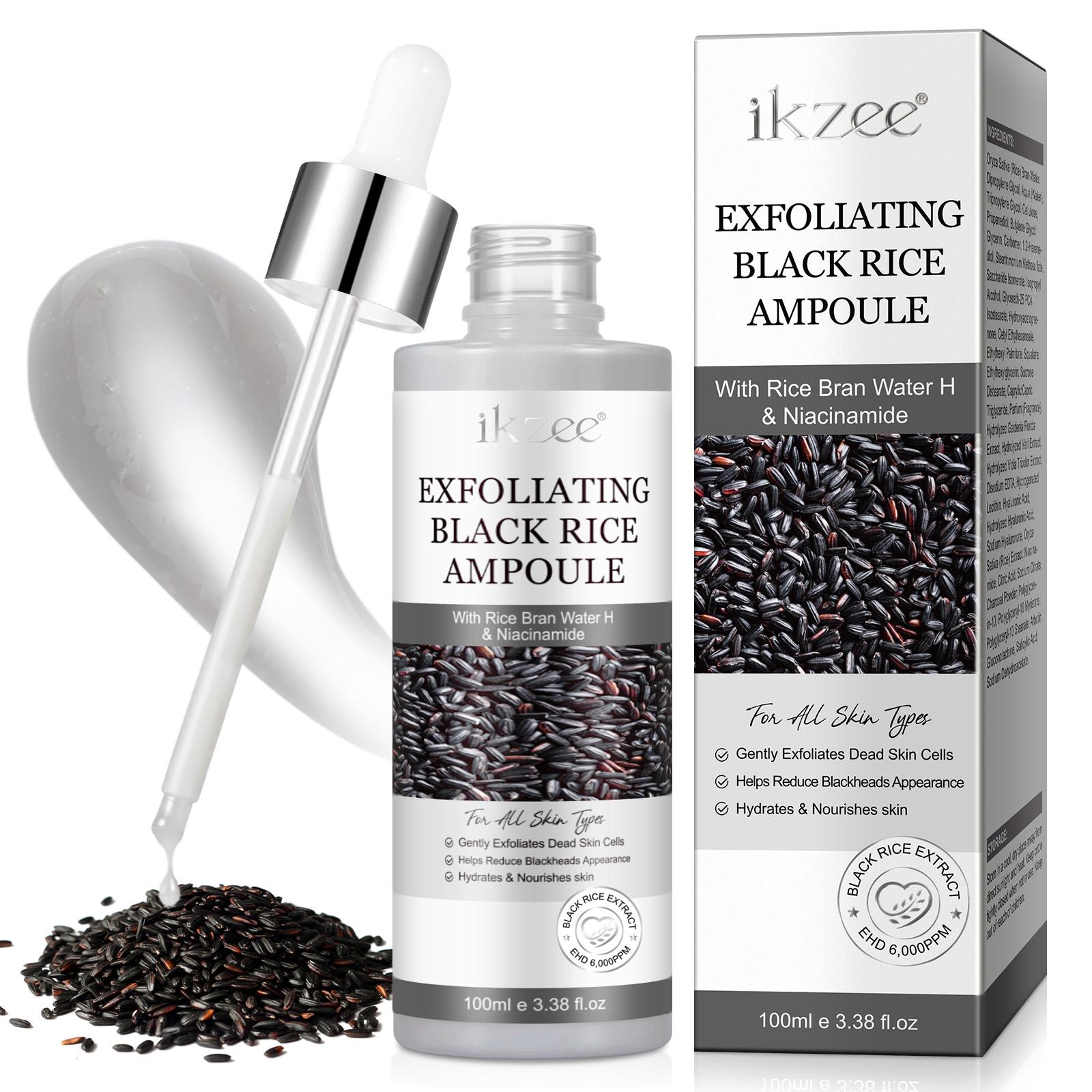 ikzee Black Rice Exfoliating Ampoules 100ml, Hydrating Exfoliant, a gentle mild daily exfoliating scrub for face and body, brightens and removes dead skin cells from all skin types, a daily skincare product.