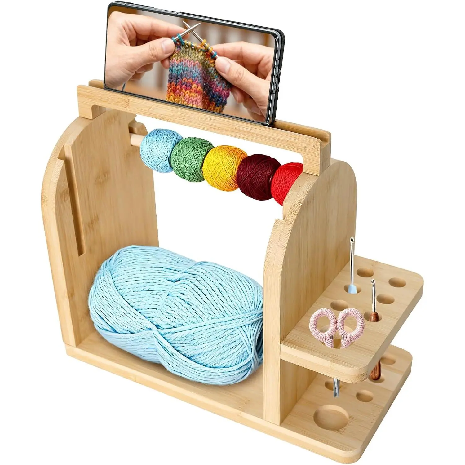 Yarn Holder for Crochet and Knitting,  Wooden Yarn Spinner Storage Organizer for Crocheting Accessories,with Anti-Slip Pads, Works with Skein, Cake, Ball