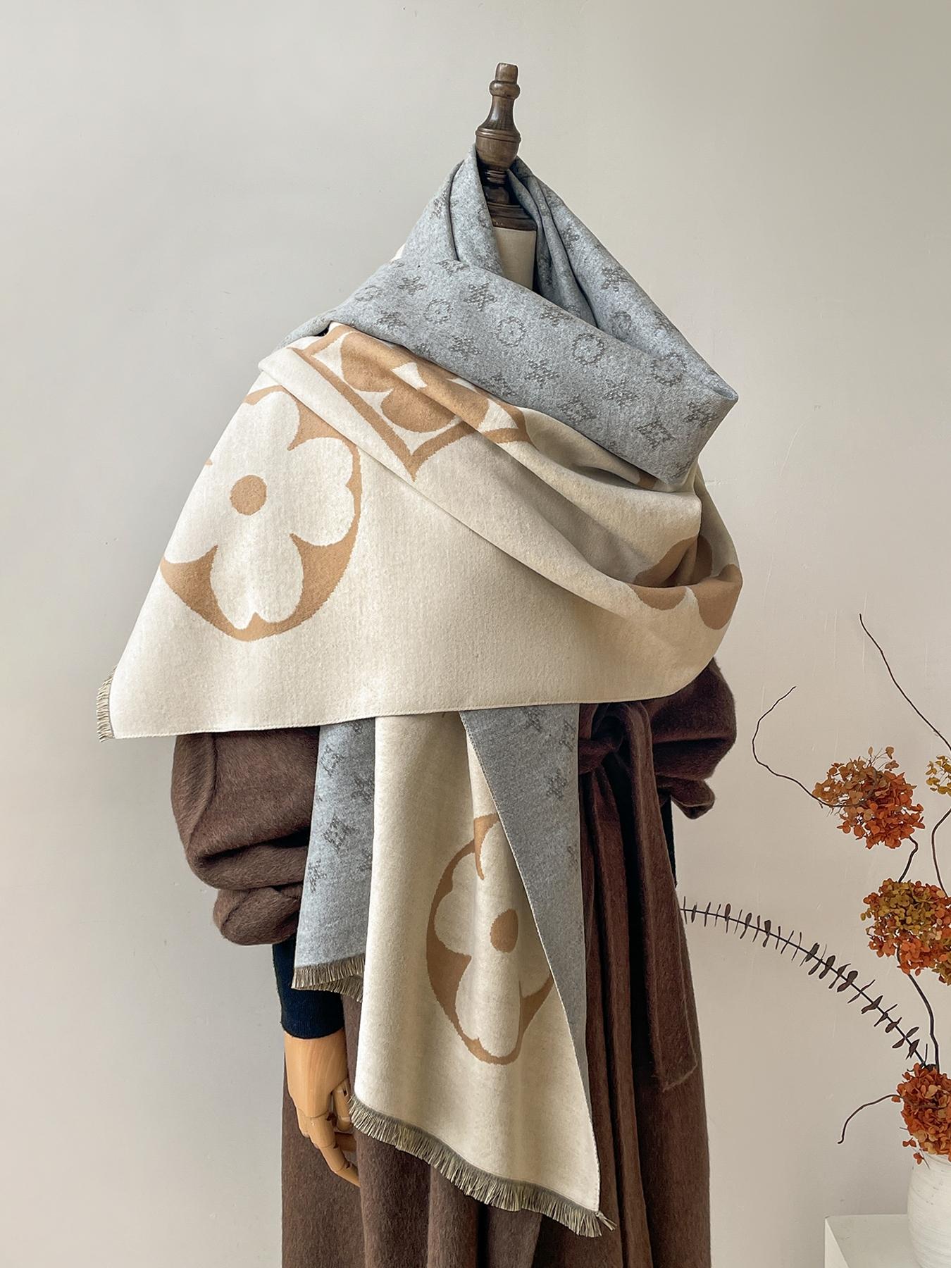 Boho Floral Pattern Imitation Wool Scarf for Women, Thick Soft Double-Sided Boho Style Shawl, Comfortable Design for Fall & Winter Daily Wear