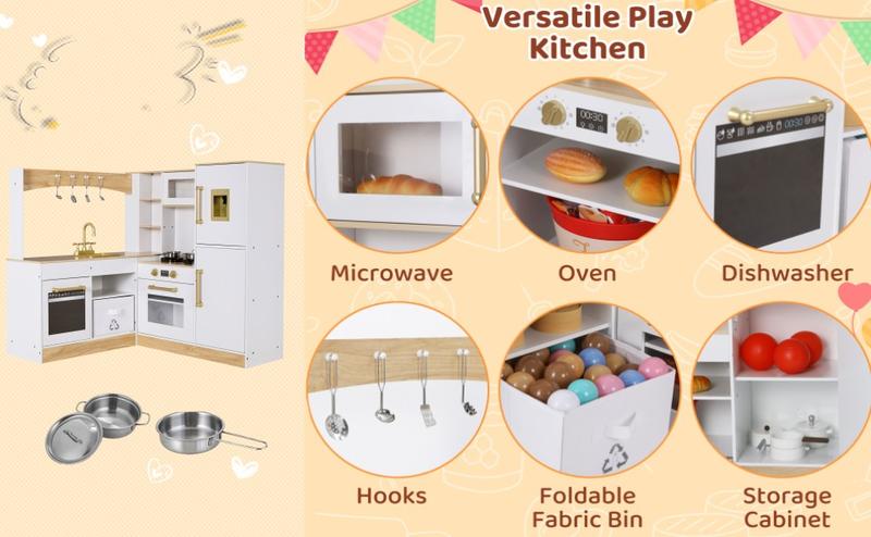 Corner Play Kitchen for Kids, Wooden Pretend Toy Kitchen, Large Toodler Cooking Playset w/Refrigerator, Stove w/Light & Sound, Disinfection Locker, Water Dispenser, Sink, Home Modern Ages 3+