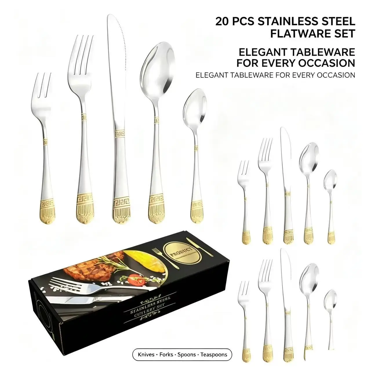 Crown Pattern Stainless Steel Western Cutlery Set, 20-Piece Gift Box, Home Use Steak Knife Fork Spoon Set, Complete Dinnerware Kit